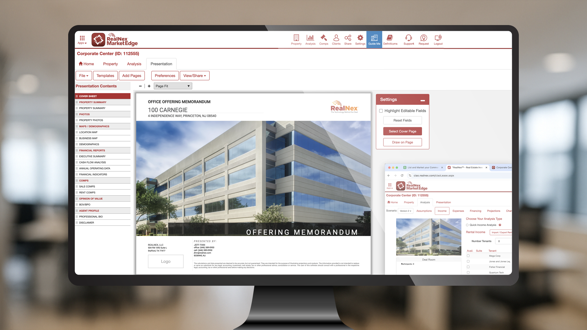 Screenshot of RealNex MarketEdge showing a branded office offering memorandum cover page in the presentation builder.