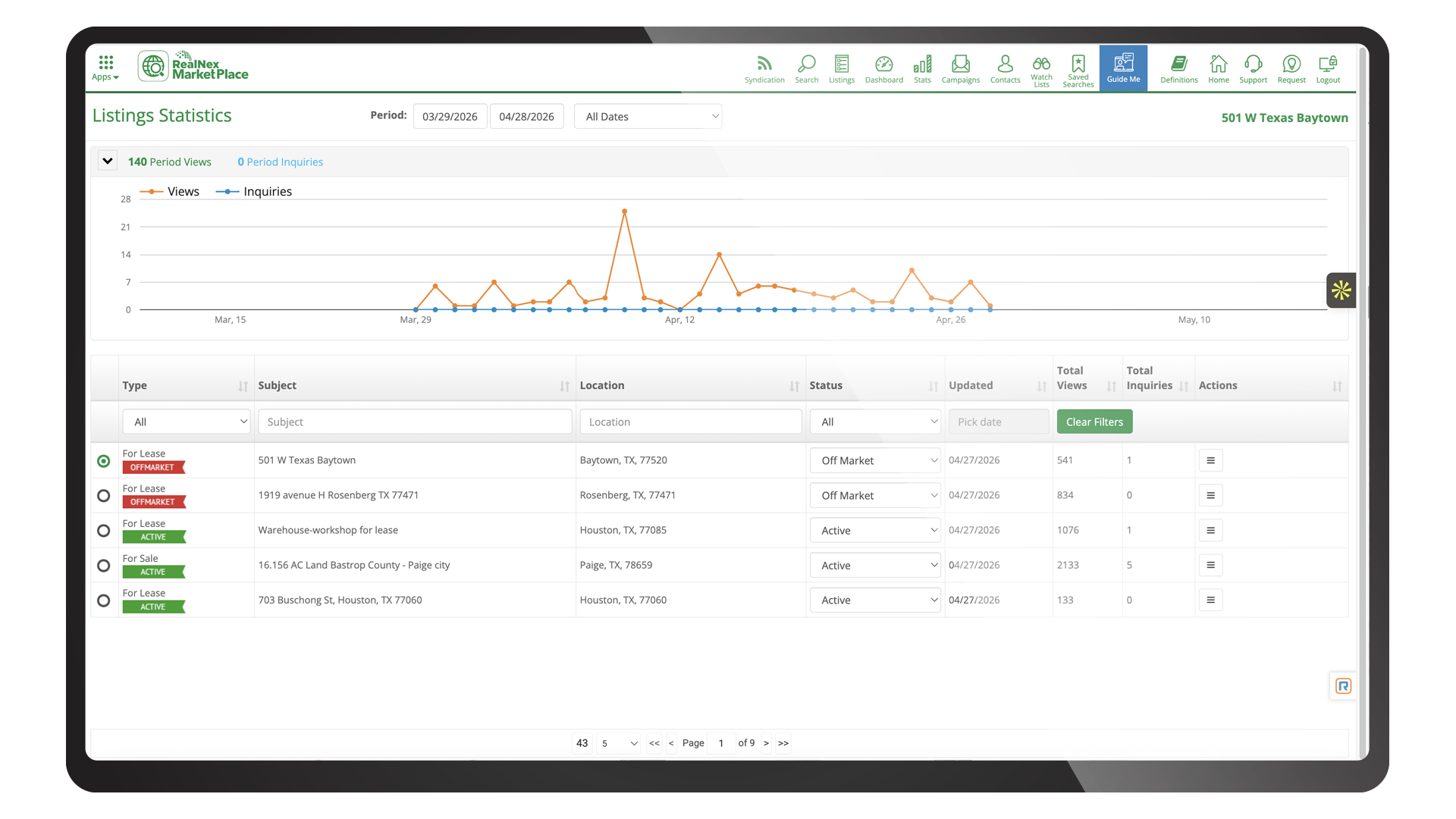 RealNex MarketPlace Listings Statistics dashboard, showing a views-and-inquiries chart above a table of listings with total views and inquiries