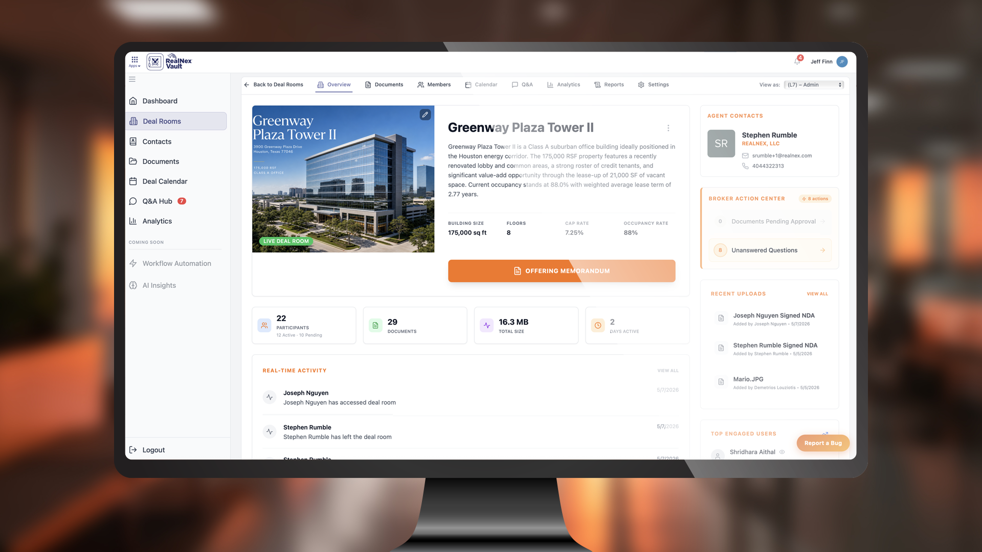 RealNex Vault virtual deal room showing a commercial property overview, documents, members, and real-time activity