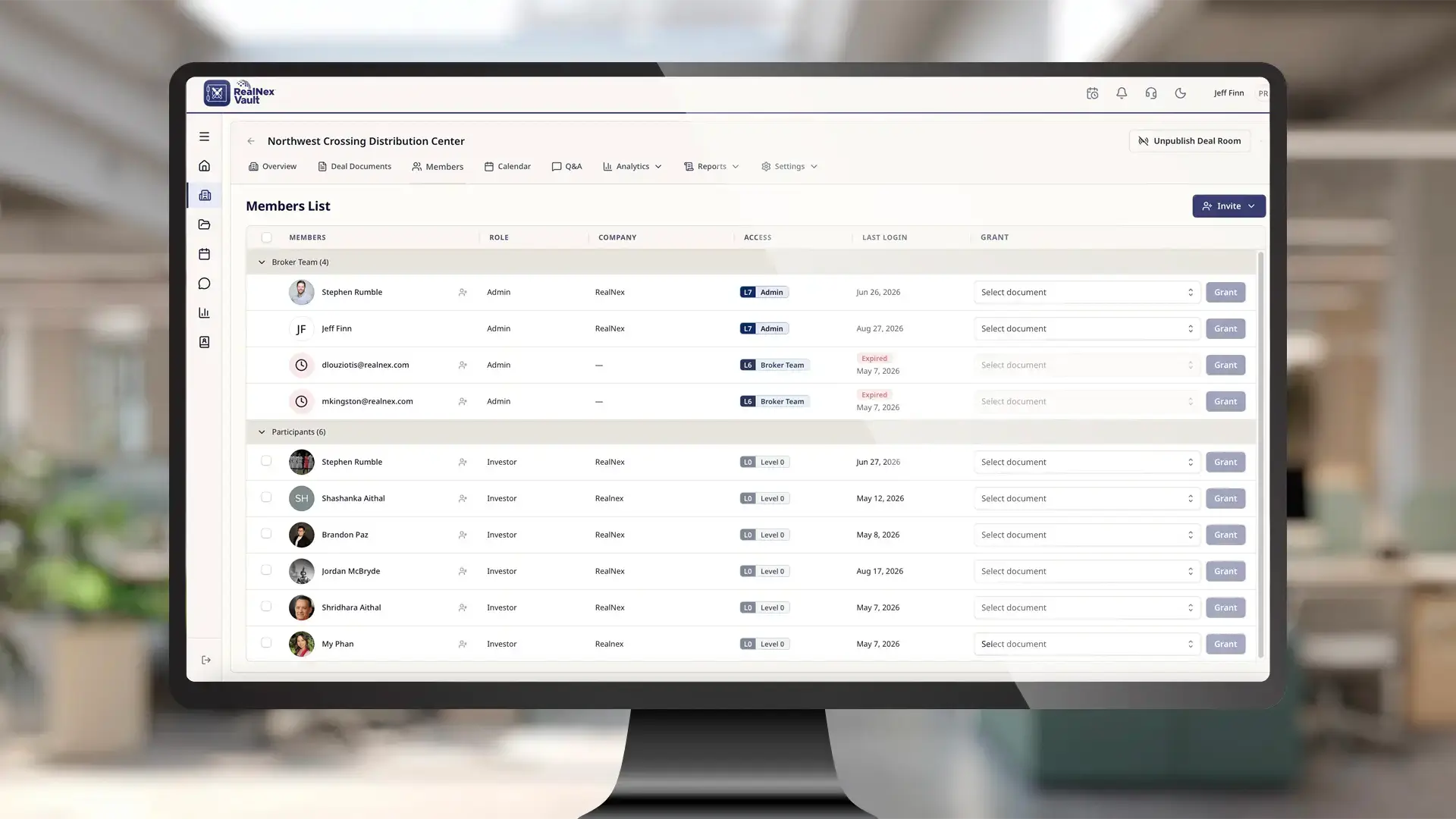 RealNex Vault document manager listing deal-room folders with per-folder access levels from Level 0 to Level 4
